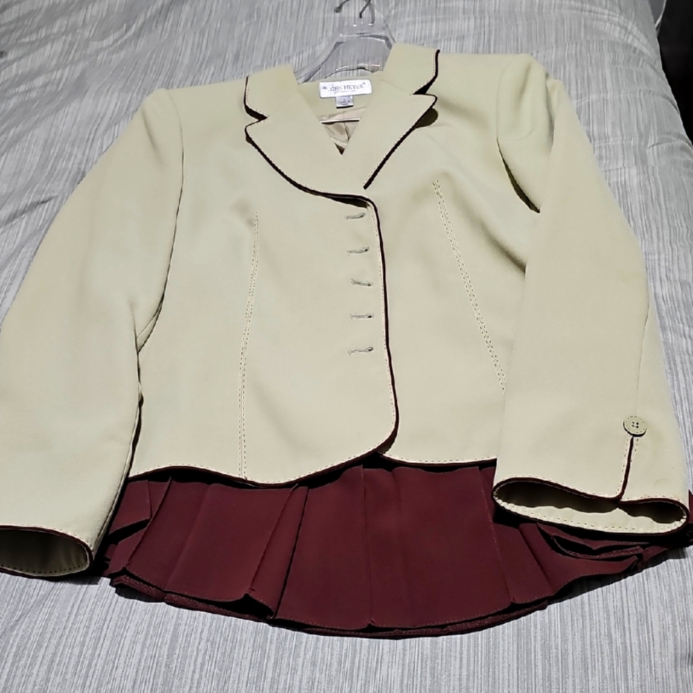 John Meyer Of Norwich Seafoam Green Blazer with Brown Trim- Brown Pleated Skirt